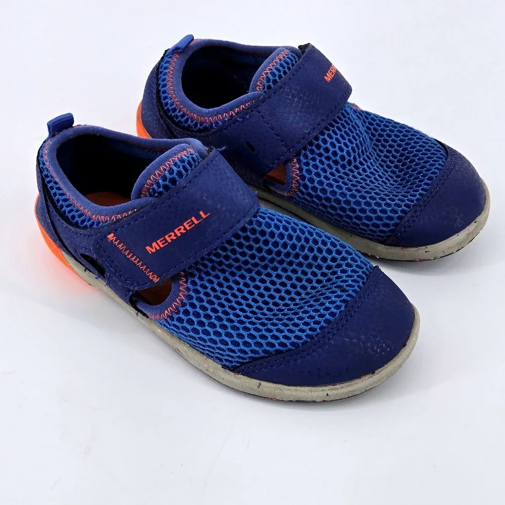 Merrell Kids Bare Steps H2O Water Shoes Blue Orange Wide Trail Sandals 10 WIDE